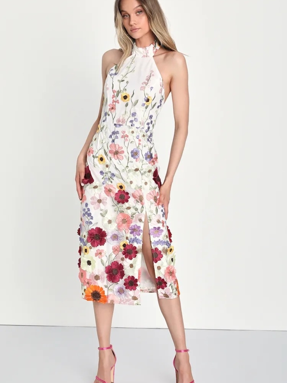 Lulu's White Halter Midi Dress with Multicolor Floral Embroidery